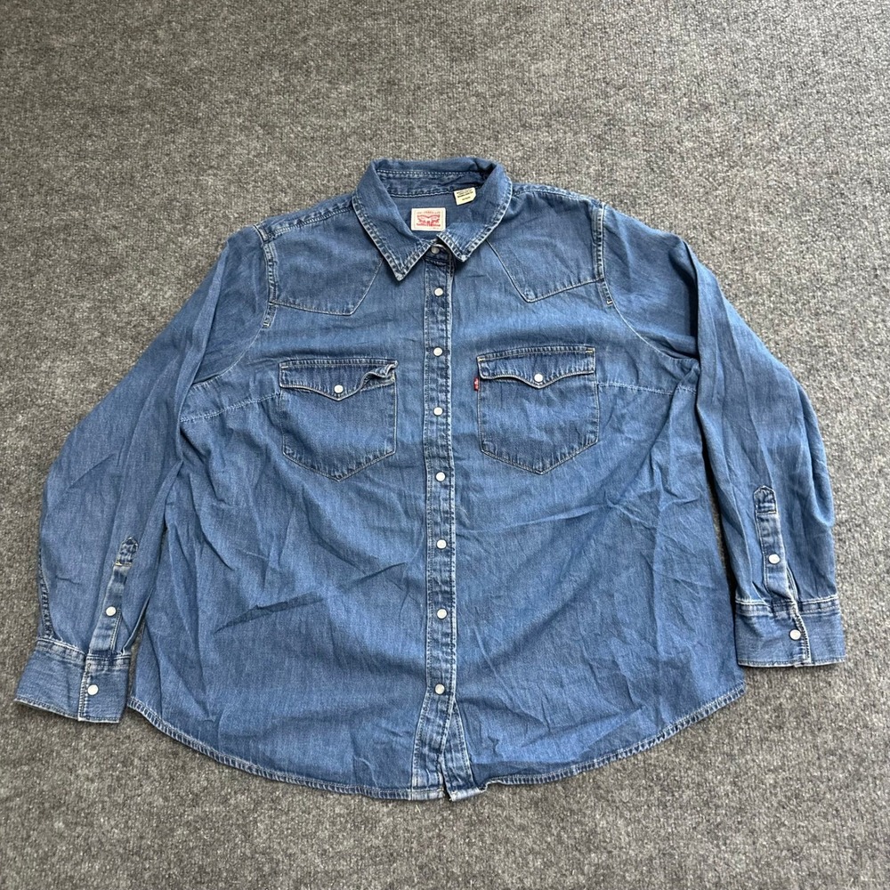 Levis Denim Shirt Womens Size 1X Blue Western Pearl Snap Long Sleeve Cotton Top